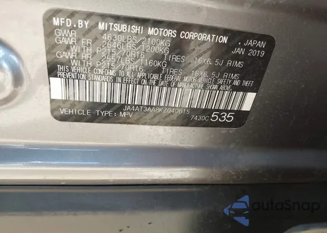 2019 Mitsubishi Eclipse Cross Es из США, поврежденный, VIN JA4AT3AA8KZ040615